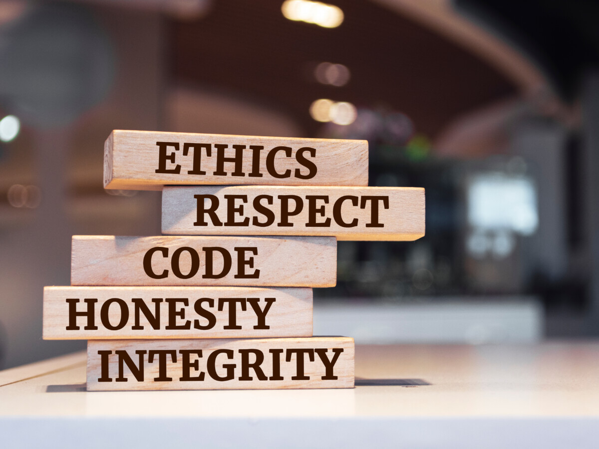 Blocs de construction avec inscriptions : Ethics,Respect, Honesty, Integrity (éthique, respect, honnêteté, intégrité)