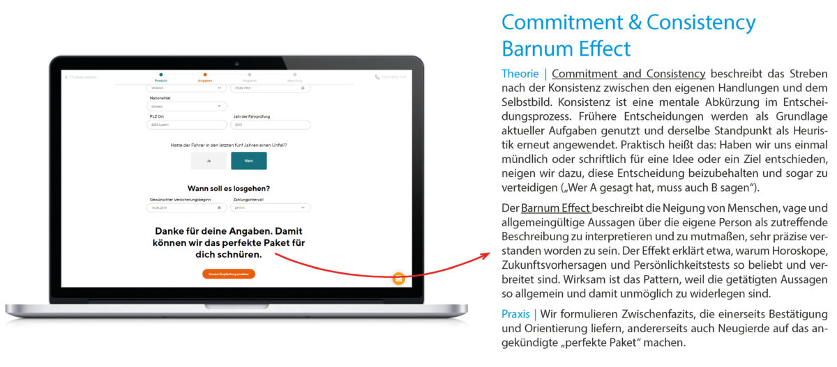 Grafik: Vermeidung typischer Abbruchpunkte im Antragsprozess durch den Einsatz der Behavior Patterns Commitment & Consistency und Barnum Effect