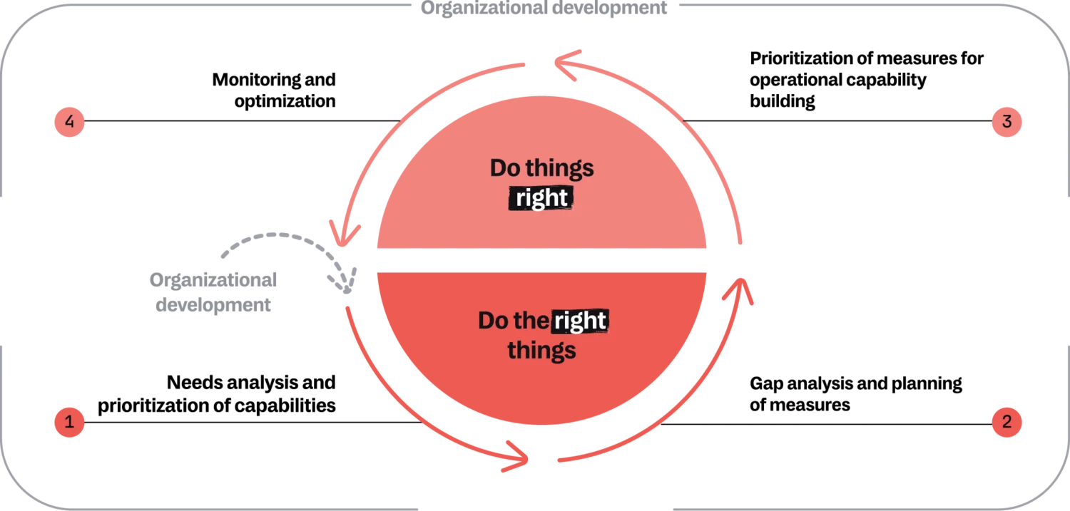 Visualization of capability building in four steps: Needs analysis and capability mapping, gap analysis and action planning, action prioritization for operational capability building, monitoring and optimization